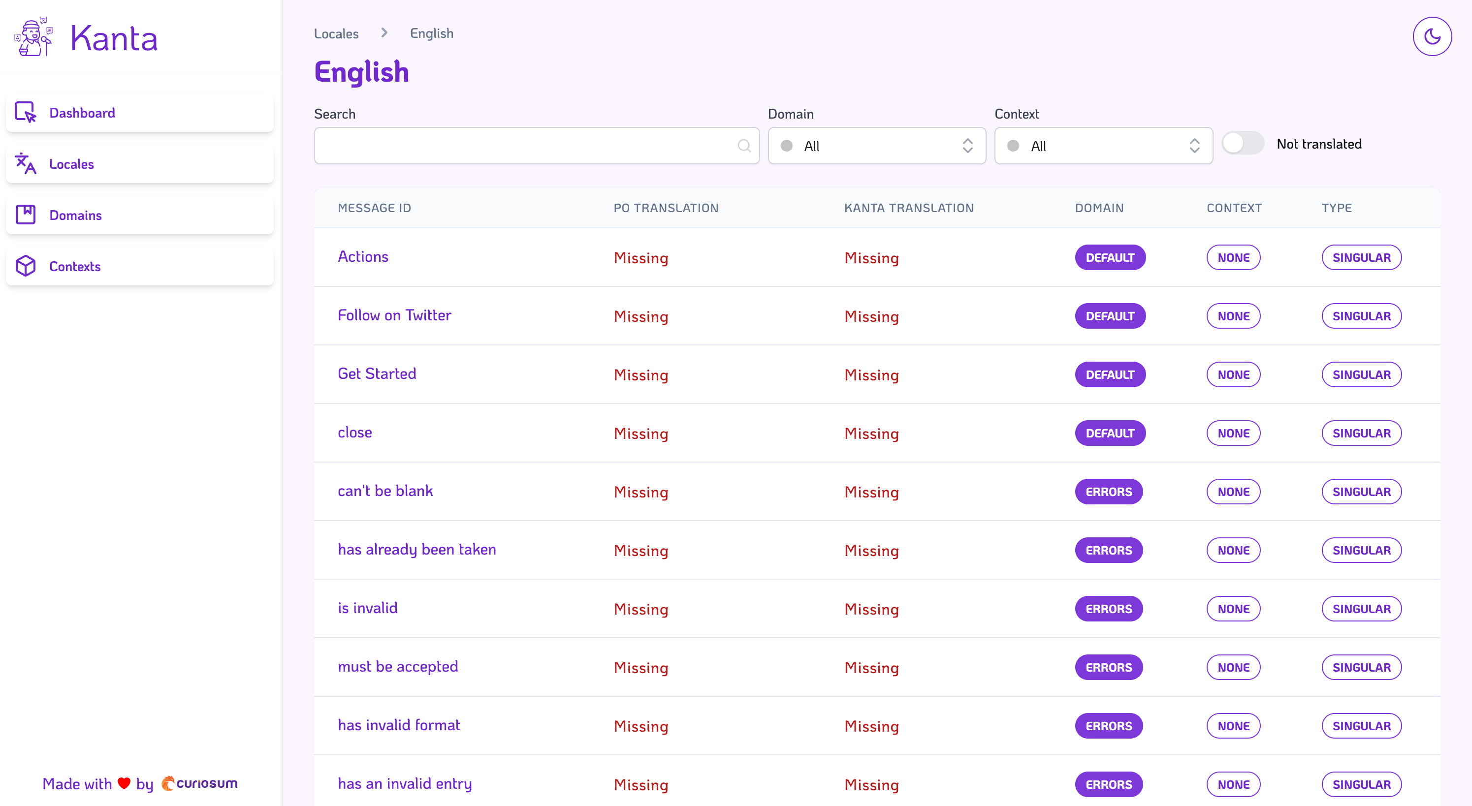 Kanta translations list management view